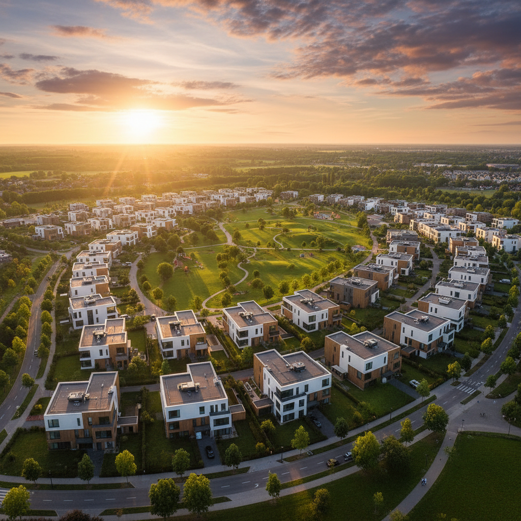 Aerial view of an Ascension Industries housing community at sunset